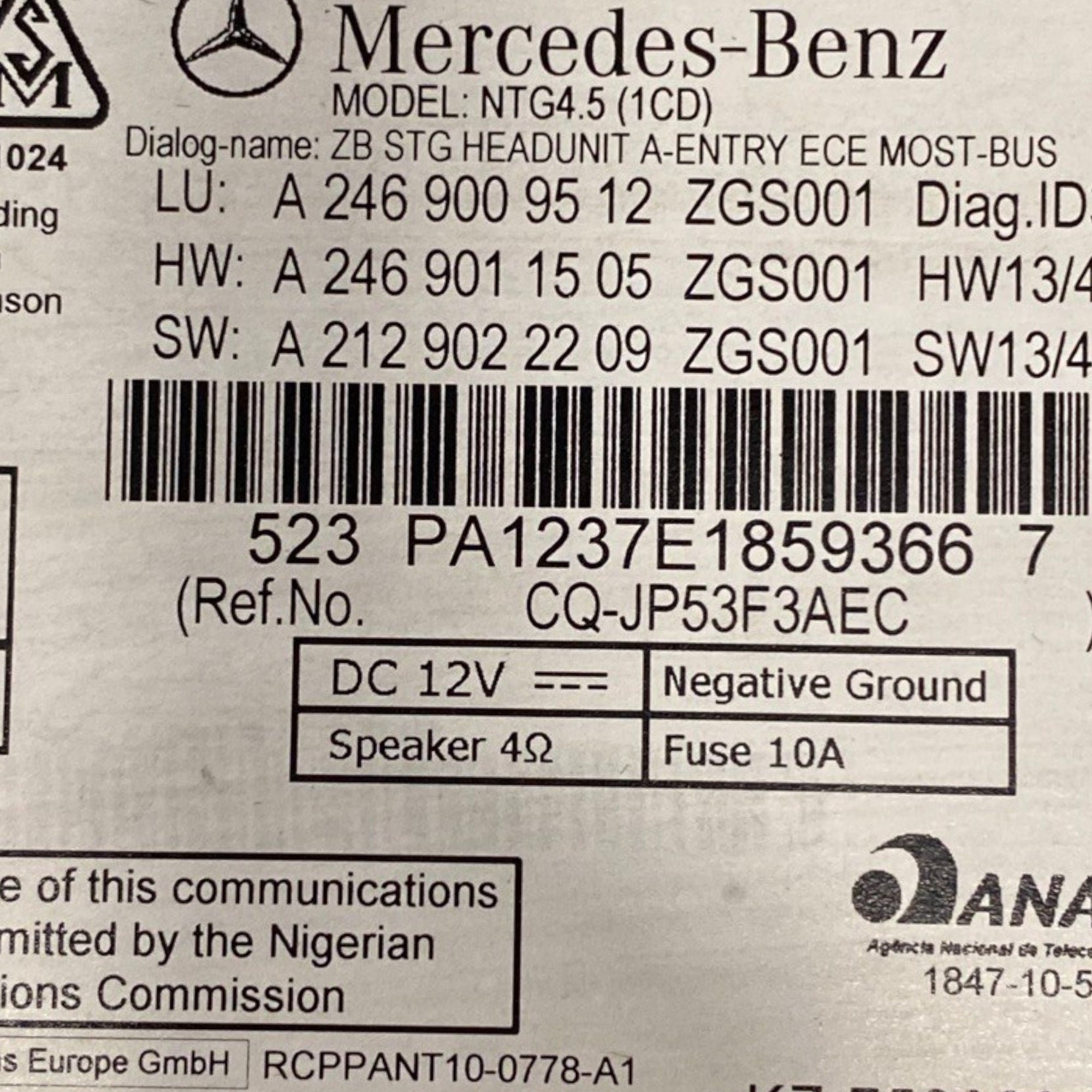 autoradio / navigateur mercedes-benz classe a w176 Cod: a2469009512 (2012-2018) 