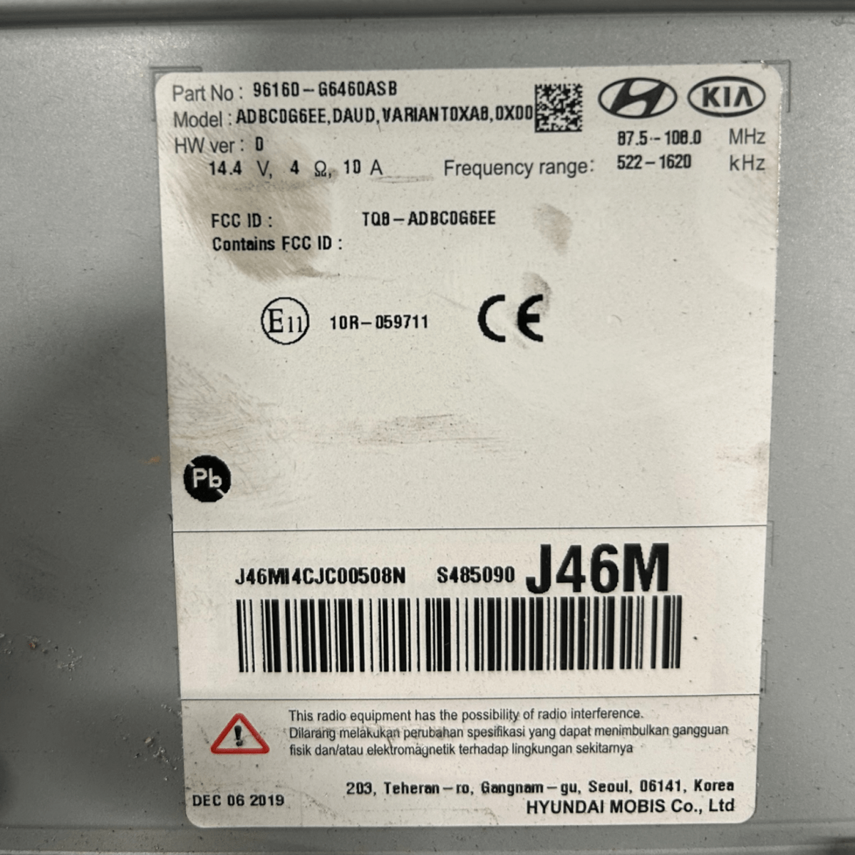 Stereo / autoradio kia picanto cod:96160 - G646DASB (2011 > 2017) - F&P CRASH SRLS - Ricambi Usati